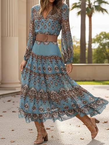 Women's Flowy Boho Floral Ruffle Puff Long Sleeve Maxi Dress Casual Loose V-Neck Ruffle Western Vacation Dress