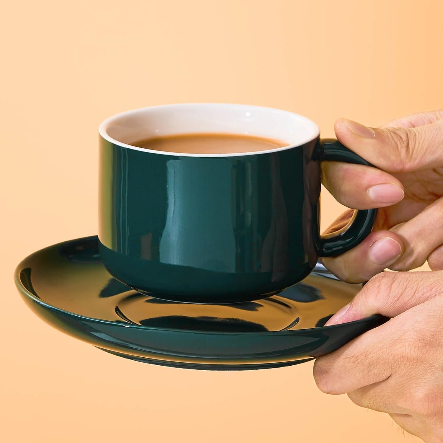 8oz Cappuccino Cups Set of 6, Ceramic Coffee Cups and Saucers Set with Spoons, Green Durable Coffee Cups for Cappuccino Espresso Latte Mocha Au Lait Macchiato Cafe