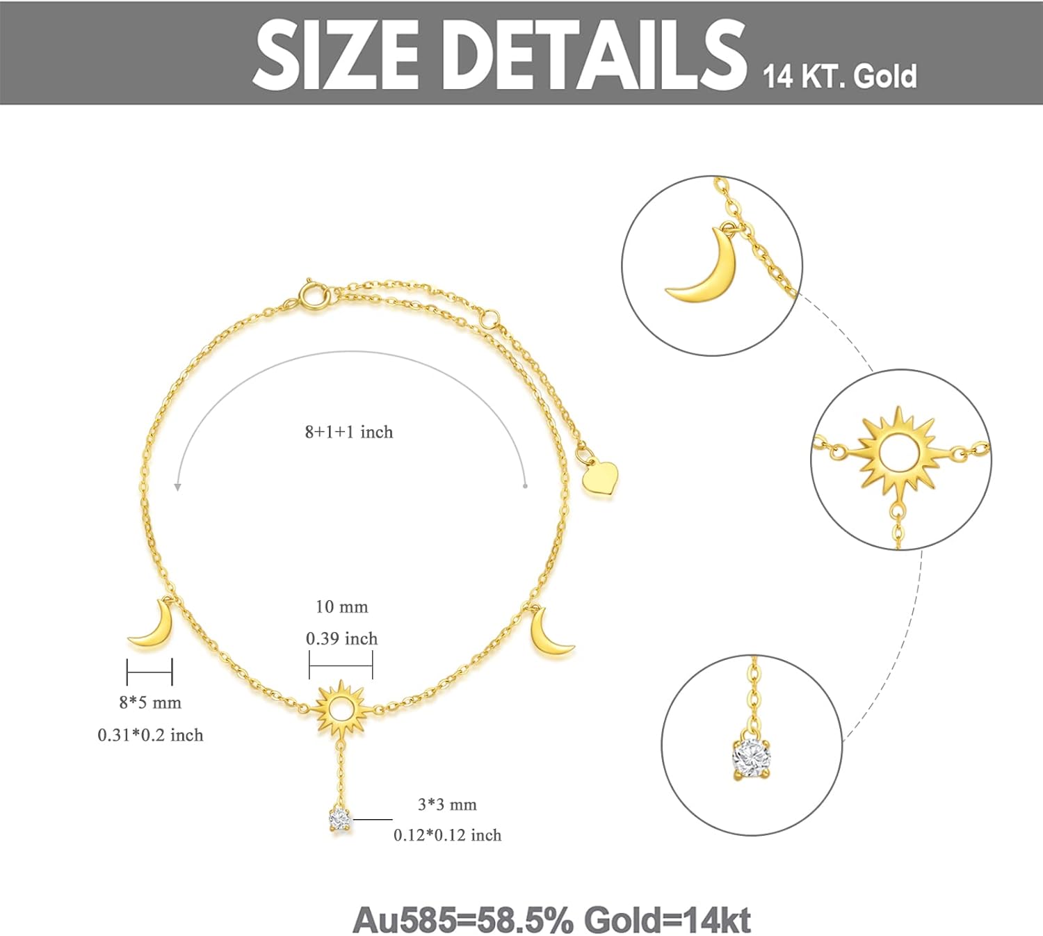 SISGEM 14K Yellow Gold Sun Moon Anklets for Women,Solid Gold Moon Sun Ankle Bracelet Foot Anklet Jewelry Gifts for Birthday Christmas 8+1+1 inch