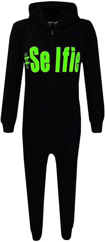 A2Z 4 Kids® Kids Unisex Girls Boys #Selfie Printing Onesie All In One Summer Jumpsuit PJs New Age 5 6 7 8 9 10 11 12 13 Years, Black & Neon Green, 5-6 jaar