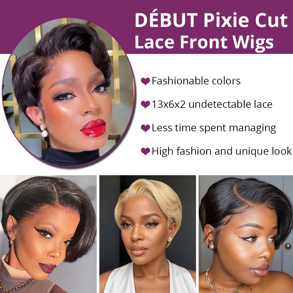 Side Part Black Human Hair Pixie Wigs HD Lace Front with Swept Bangs Short Curly Natural Color Glueless Cap for Women (Ombre Blonde,6 Inch)