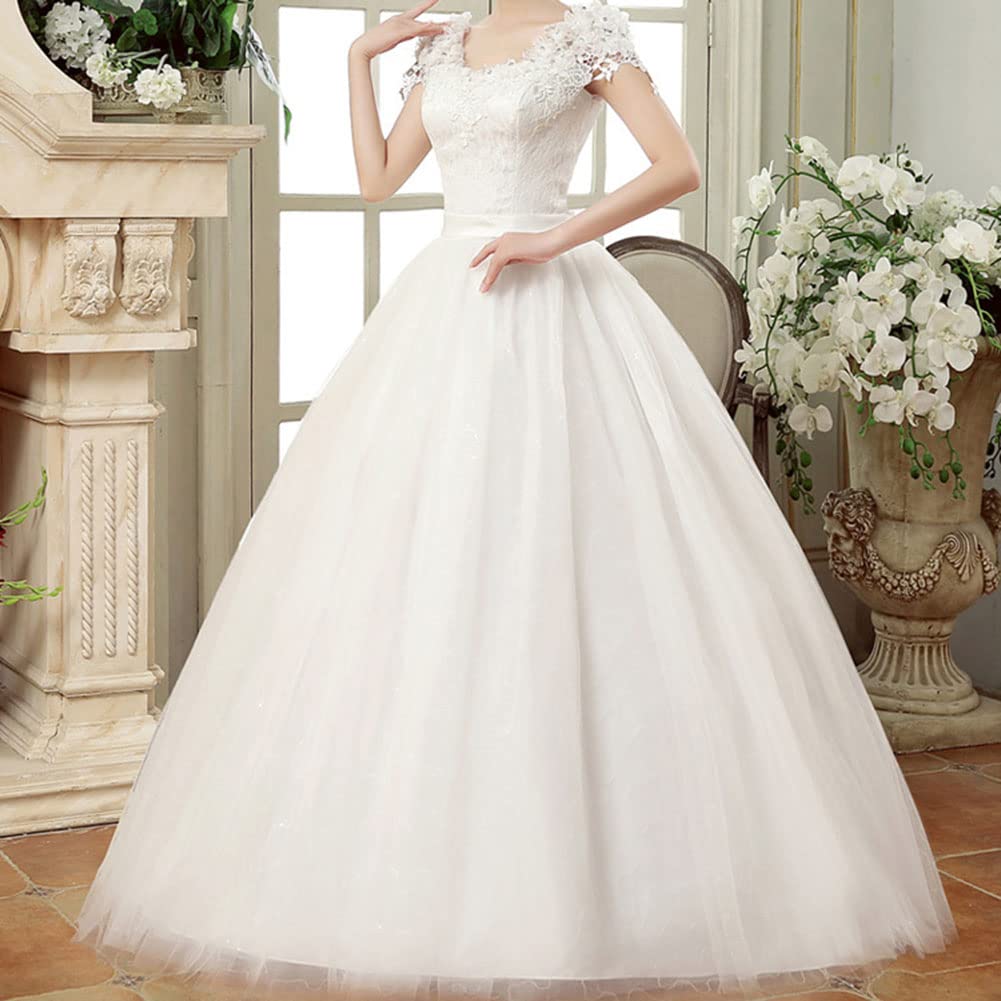GUOCU Robe de Mariée Femme Asymétrique Dentelle Longue A Line Taille Empire Élégante Tulle Robe de Mariage en Double V-Col Et Manches Courtes
