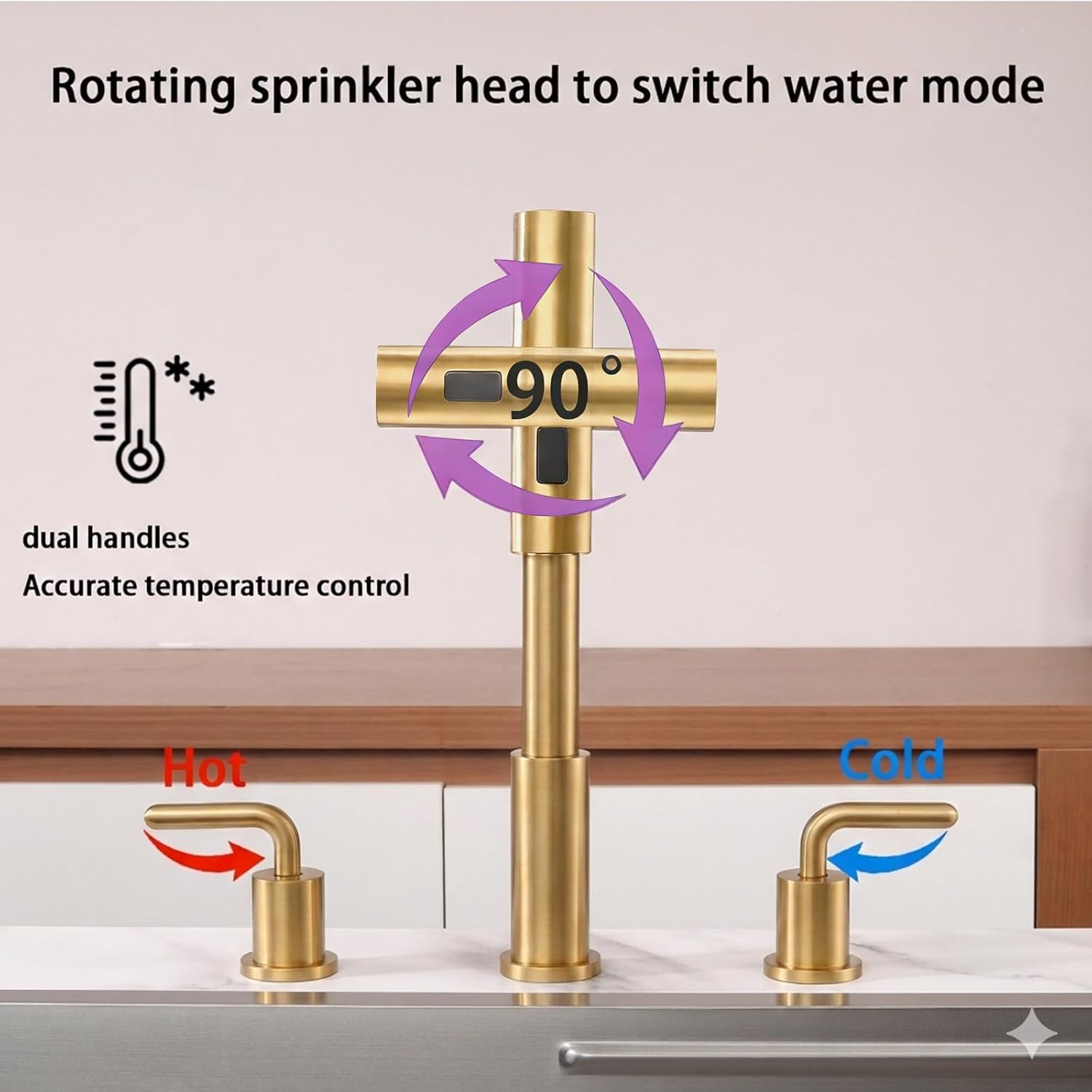 Kitchen Sink Faucet for 3 Hole with Pull Down Sprayer - Brushed Gold Two Handle Widespread Kitchen Faucets Set with Pull Out Sprayer for Sink- Champagne Bronze Stainless Steel 3 Piece Faucets