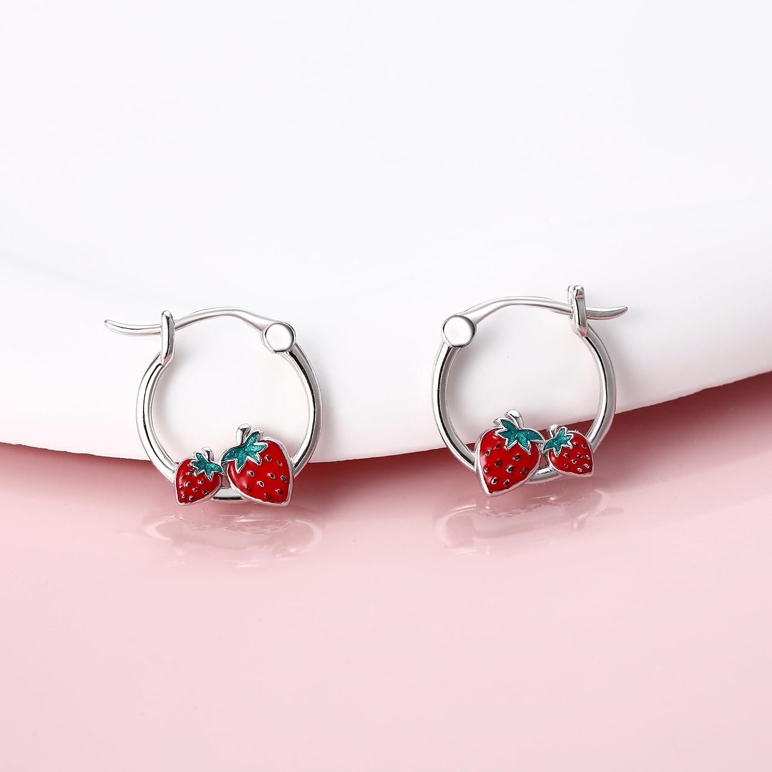 Strawberry Hoop Earrings Sterling Silver Fruit Mother's Day Jewelry for Women