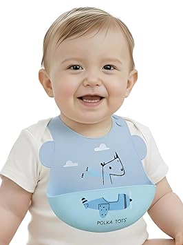 POLKA TOTS Waterproof Silicone Bibs with Adjustable Snap Buttons, Super Absorbent, Soft, Comfortable & Lightweight for Feeding Infants & Baby Toddlers (Aeroplane, 4 Months to 3 Years)