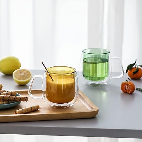 Miniatura 6 de Coloridas tazas de café de vidrio de borosilicato de doble pared, juego de 4, 11.6 onzas, tazas de café aisladas con asa para té americano y helado