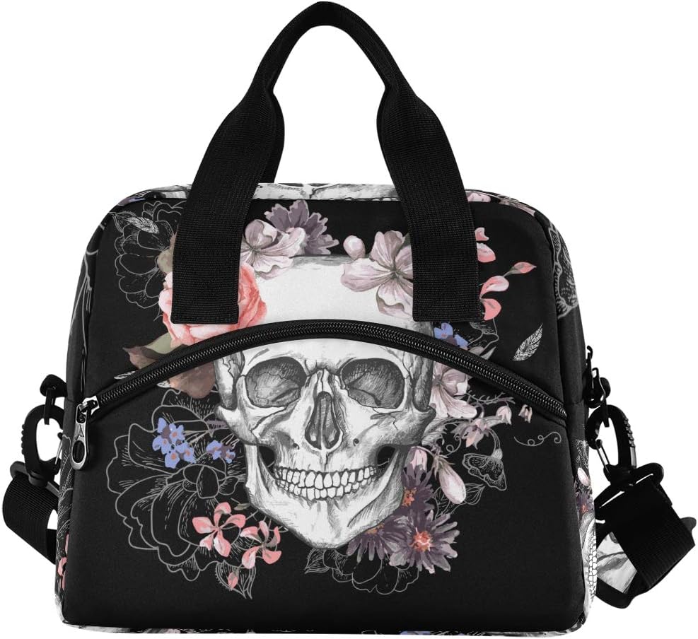 Skull Flowers Lunch Bag Cooler Bag Durable Insulated Lunch Box Lunch Tote Bag for Women Office Work School Picnic crossbody 2040320