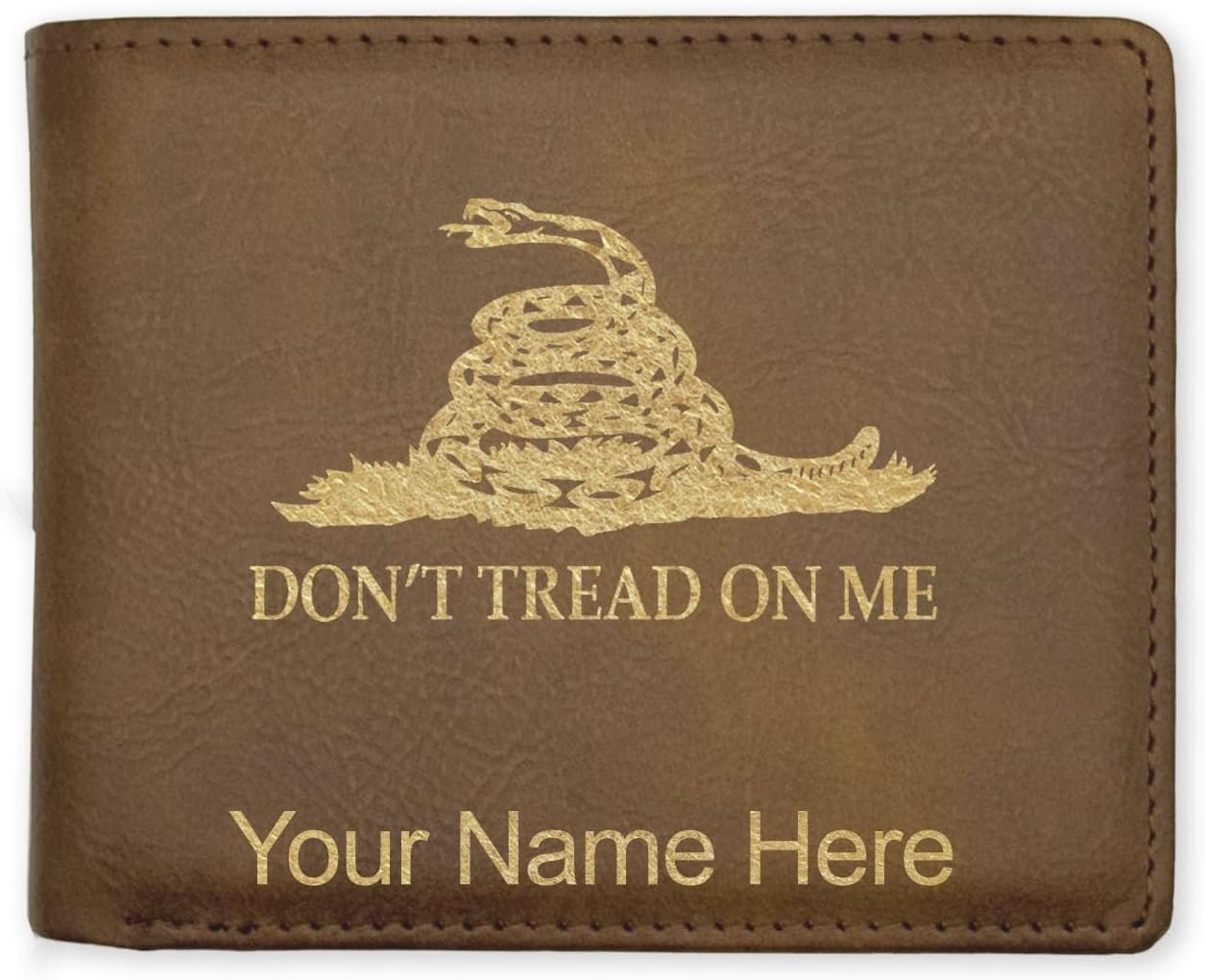 LaserGram Faux Leather Bi-Fold Wallet, Gadsden Flag, Personalized Engraving Included (Rustic with Gold)