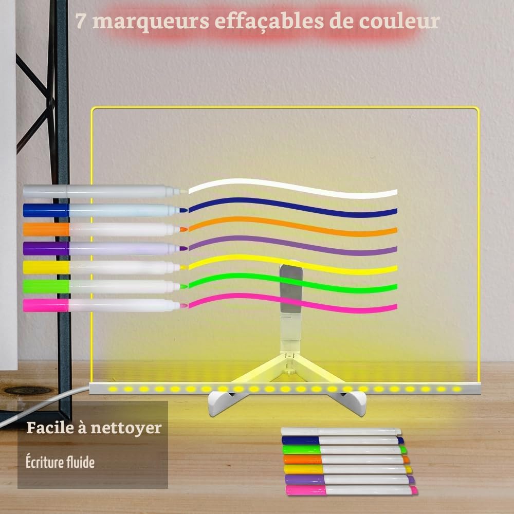 Yan-tech Tableau de Planification réutilisable avec veilleuse LED Lumineuse Transparente 15,7 x 11,81 Pouces Tableau effaçable à Sec Produits Scolaires de Bureau Télécommande de Bureau 7 Couleurs