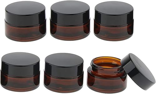 Paquete de 6 frascos redondos de vidrio ámbar de 0.2 fl oz de 16 oz pequeños y gruesos de pared redonda, frascos para botella cosmética, recipientes