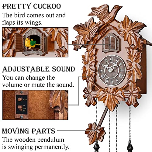 Timegear Cuckoo Clock With Night Mode, Hand Carved Decorations And Swinging Pendulum (Brown) #TOP2