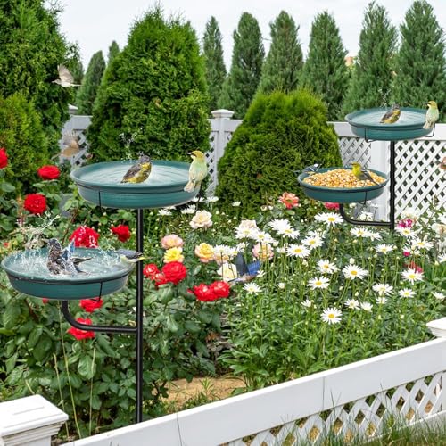 Freestanding Bird Bath Bowl, Bird Water and Food Feeder Outdoor Stand, 15.7" Diameter مُغَذِّيَةُ الطُّيُورِ الخَارِجِيَّة, RustResistant & Weatherproof Design for Patio, Yard, Lawn (Green)