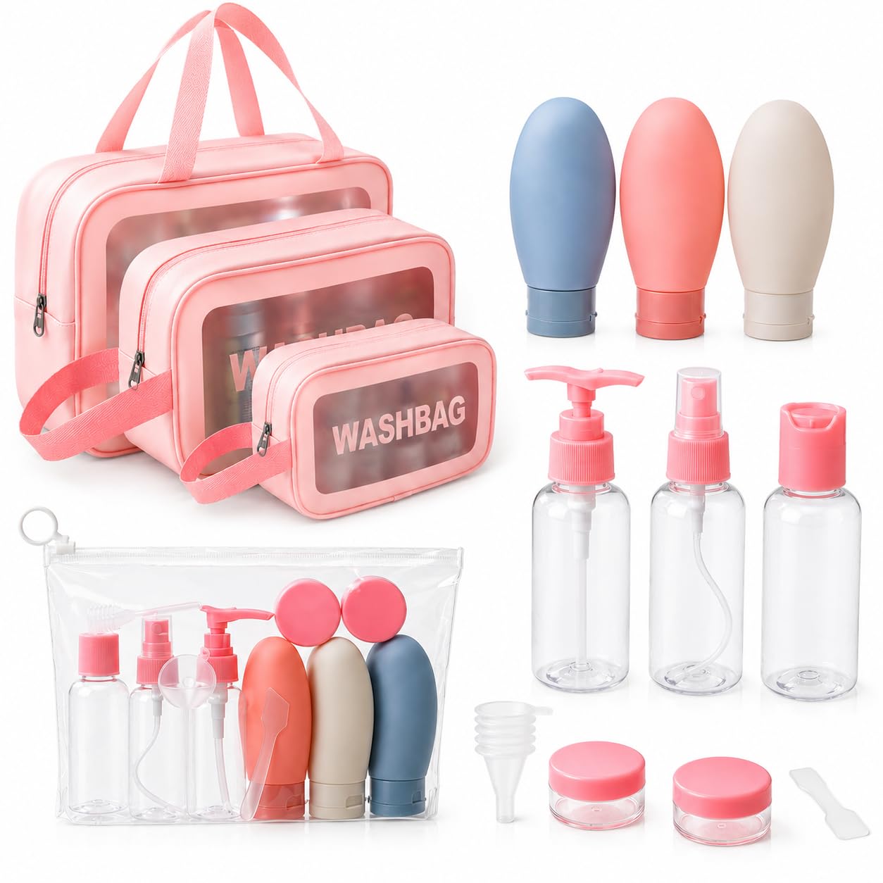 11-Piece Travel Bottles Set with 3 Pcs Clear Makeup Bags, TSA Approved Leakproof Silicone Travel Size Containers for Toiletries, Refillable Cosmetics Liquid Travel Accessories for Carry-on Baggage-image-24