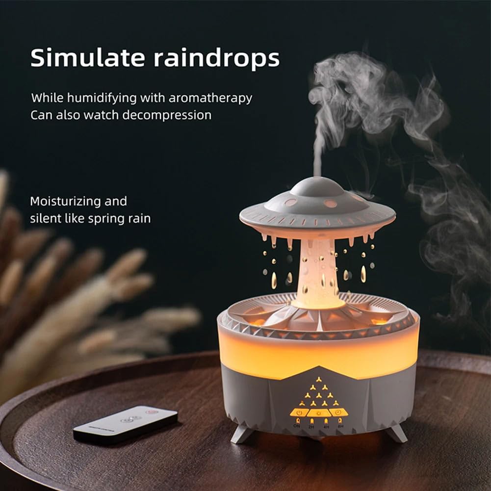 UFO Cloud Rain Drop Humidificateur – Diffuseur d'aromathérapie à ultrasons silencieux avec télécommande, purificateur d'air à brume froide pour la maison, le bureau et la chambre à coucher