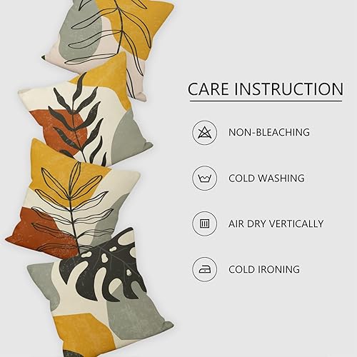 Miniatura 5 de Juego de 4 fundas de almohada cuadradas de lino con diseño abstracto bohemio de 24 x 24 pulgadas, diseño minimalista moderno y minimalista de hojas