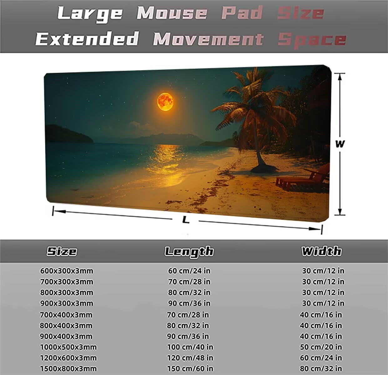 Podkładka pod mysz do gier XXL, podkładka pod mysz do gier 1500 x 800 x 3 mm, antypoślizgowa podkładka na biurko, duża podkładka pod mysz plażową, podkładka pod mysz dla graczy PC biura PjY15272 N-U