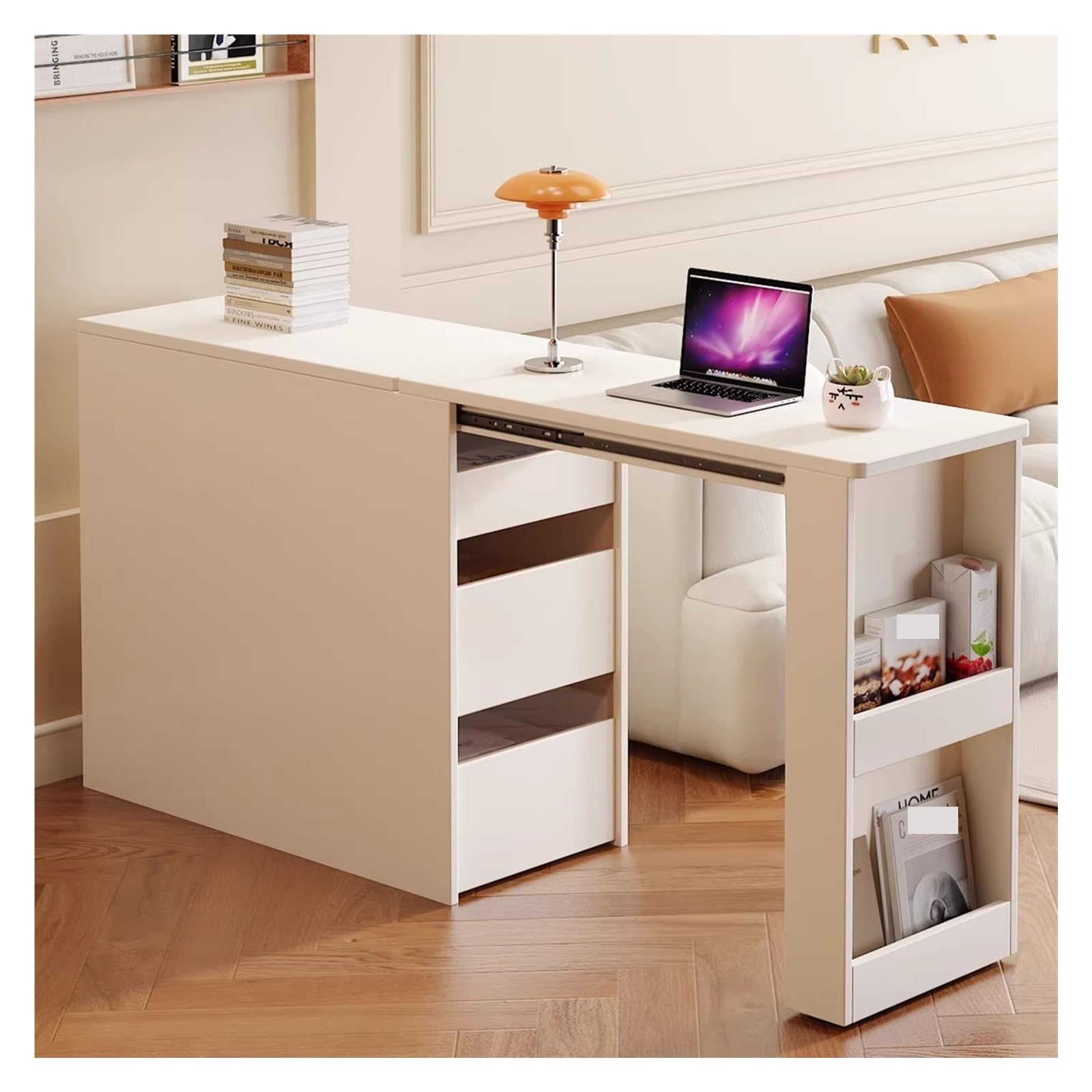 Carrello da cucina Scrivania estensibile for isola da cucina con ripiano nascosto estraibile(White,L)