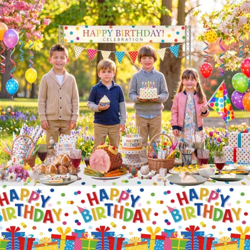 3 Pack Polka Dot Birthday Party Tablecloth - Happy Birthday Table Decorations, Disposable Plastic Colorful Rainbow Dots Party Tablecovers for Kids Adults Indoor Outdoor Party Supplies, 54 x 108 Inches — view 2