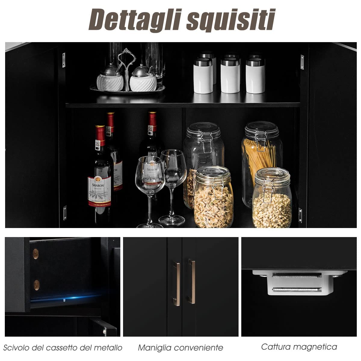 RELAX4LIFE Carro de cocina grande portaobjetos con ruedas deslizantes con frenos de pedales, carro de servicio de madera barnizada con armario y cajones espaciosos, 136 x 76 x 91 cm (negro) (negro)