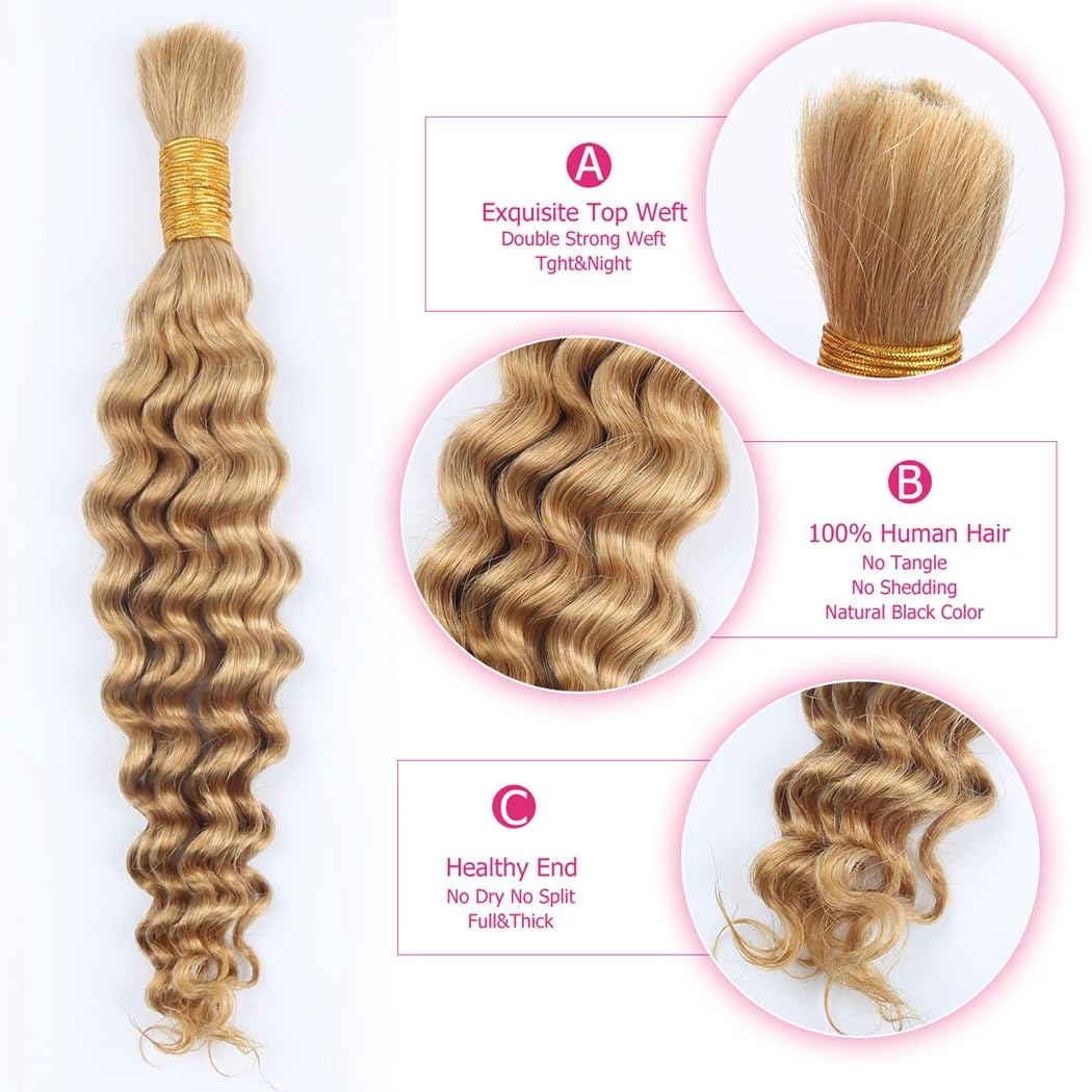 Odir Deep Wave Bulk Human Hair for Braiding No Weft 100% Unprocessed Brazilian Curly Braiding Human Hair Extensions Wet and Wavy Human Braiding Hair for Boho Braids 2 Bundles (22 Inch,27,100g)