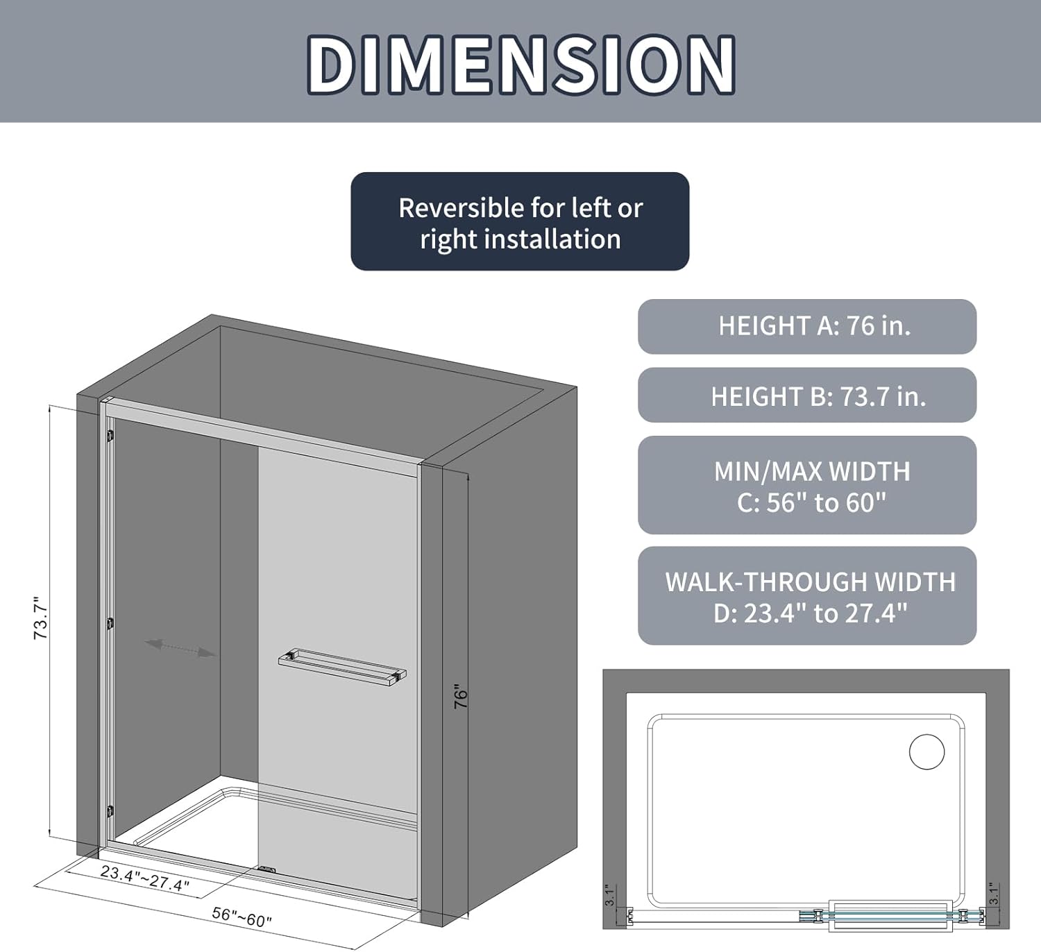 Double Sliding Shower Glass Door, 56-60 in. W x 76 in.H, 5/16" (8mm) Tempered Glass w/Double Nano Coating, Easy-Clean, Black Finish Aluminium Frame – Ideal for Modern Bathroom Installations