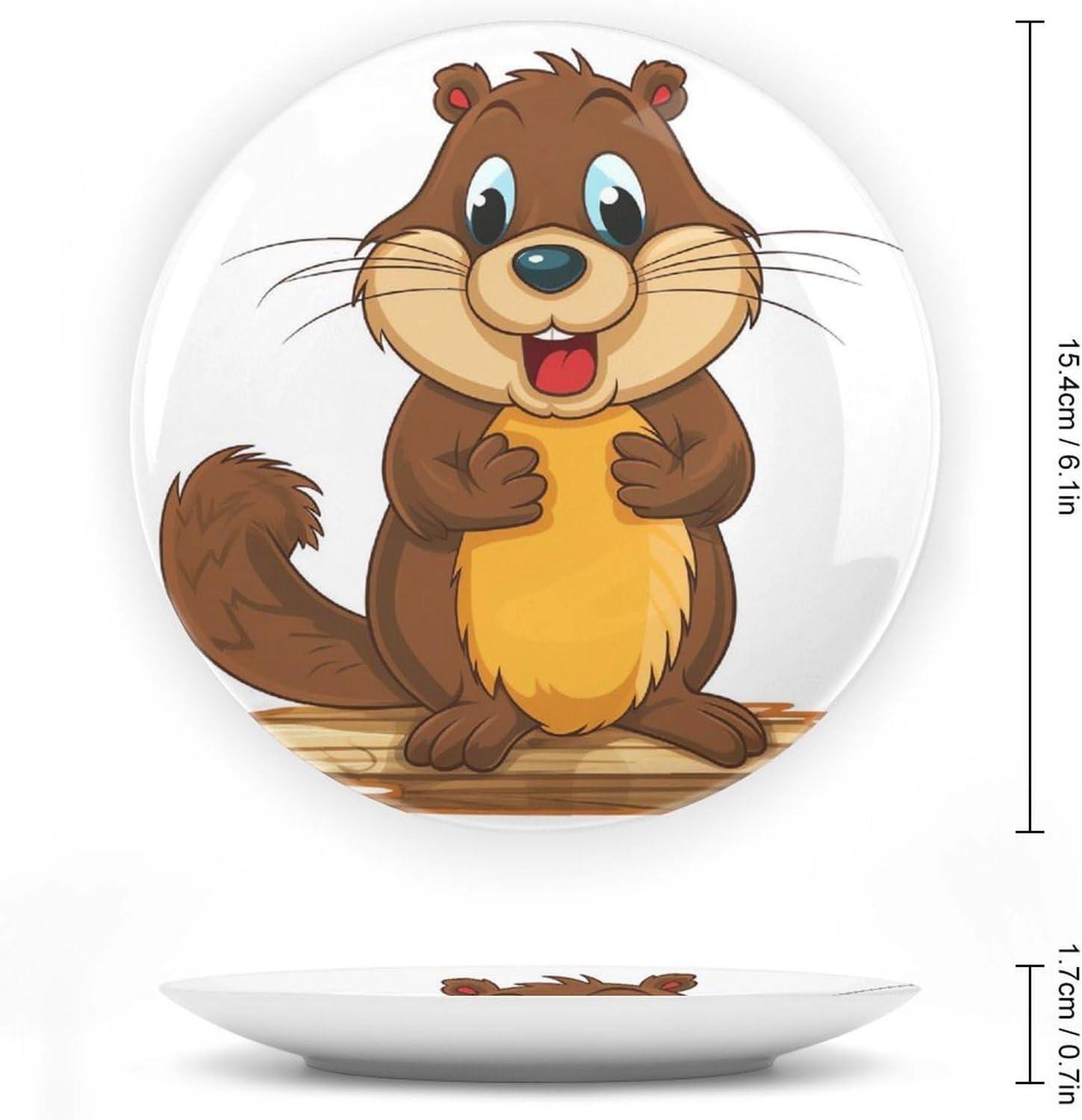 Cartoon Animated Beaver Ceramic Decorative Plate, Bone China Plates | Chinese Style Decorative Dish with Stand, Dinner Plates Art Crafts for Wall Decor, Collections Plate with Hook 6inch