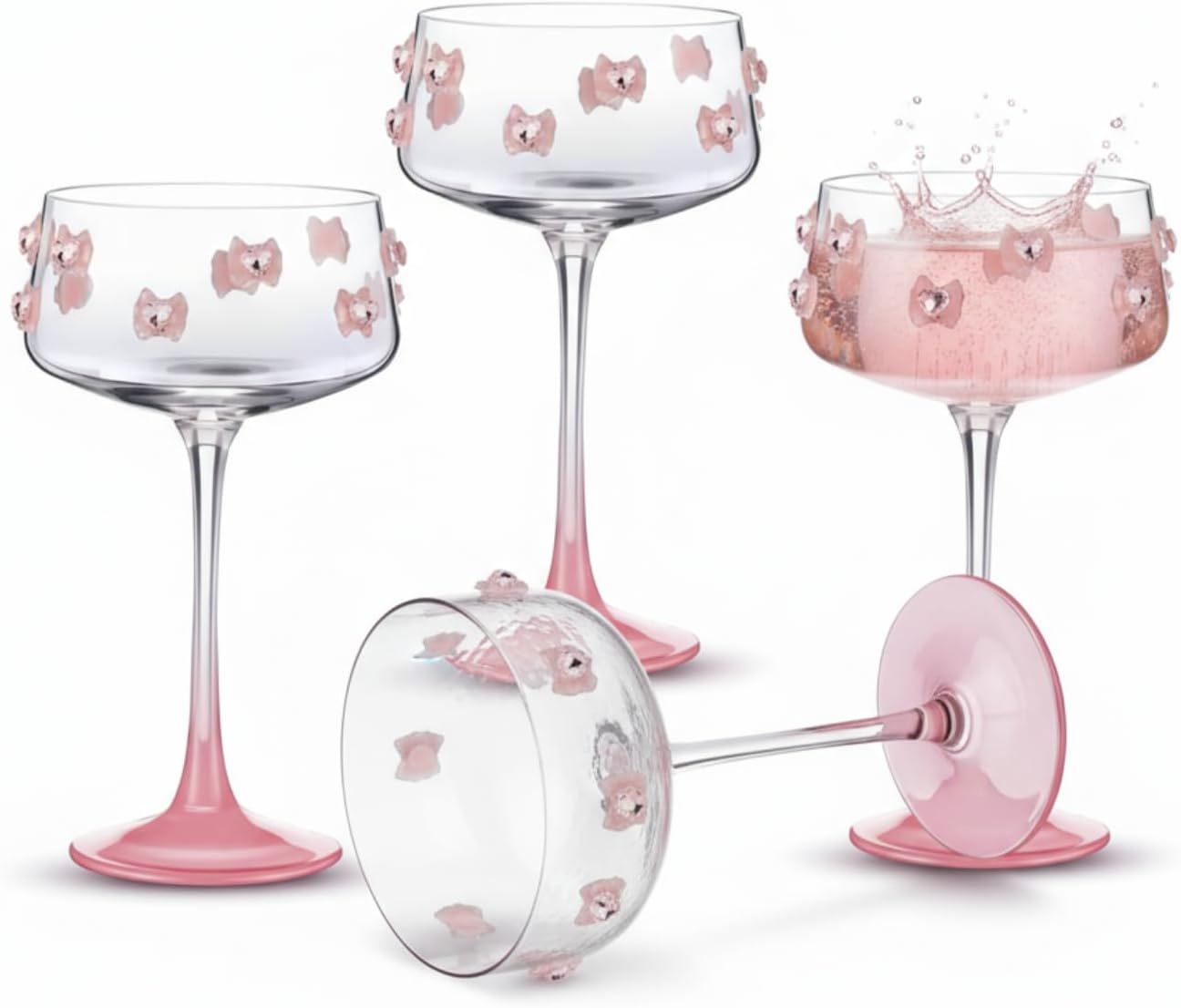 Funnymoom 4 Pcs Coquette Bow Coupe Glasses Set, 8.5 oz Pink Bow Crystal Martini Glasses for Wine Champagne Cocktails, Girly Glassware Gift for Christmas Bachelorette Bridal Shower Wedding Birthday