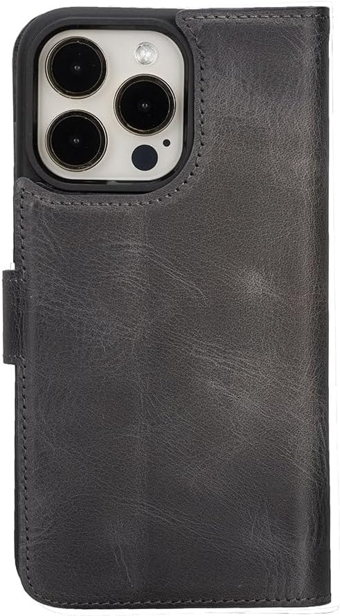 VENOULT Detachable Wallet Case for iPhone 15 Pro, 4 Card Holder Wallet, Man or Women Folio Cover, Compatible with Magsafe, RFID, Genuine Leather, Kick Stand (Sandy Gray)
