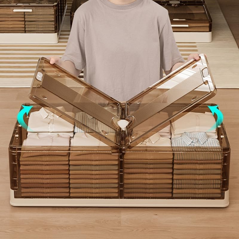 Stackable Closet Under Bed Organizers And Storage Box, Multi-Purpose Storage Bins With Lids& Wheels Organizer Containers, Large Plastic Folding Box For Clothes Shoes - Brown (Clear)