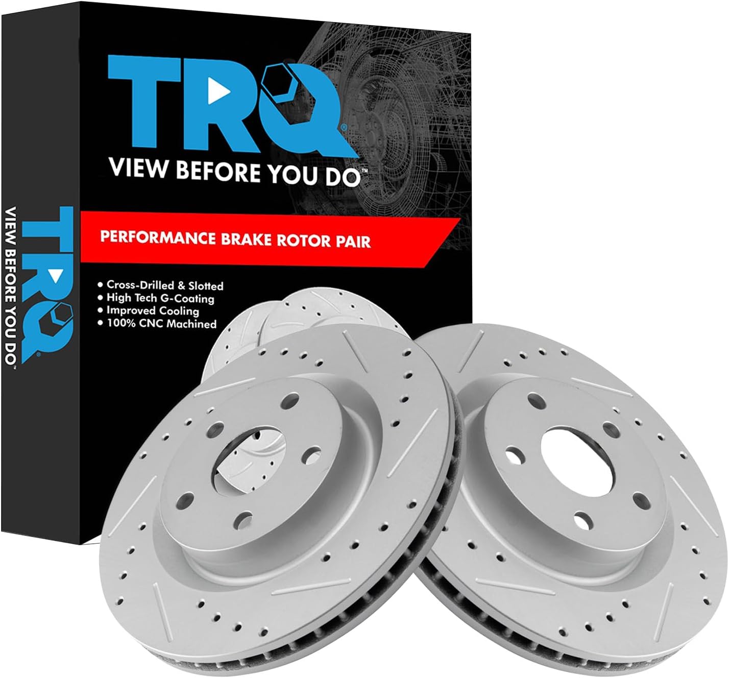 TRQ Front Performance Brake Rotors Set Premium G-Coated Cross Drilled & Slotted Compatible with 2008-2009 Pontiac G8