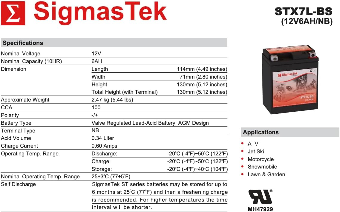 SigmasTek YTX7L-BS Battery with Dimensions