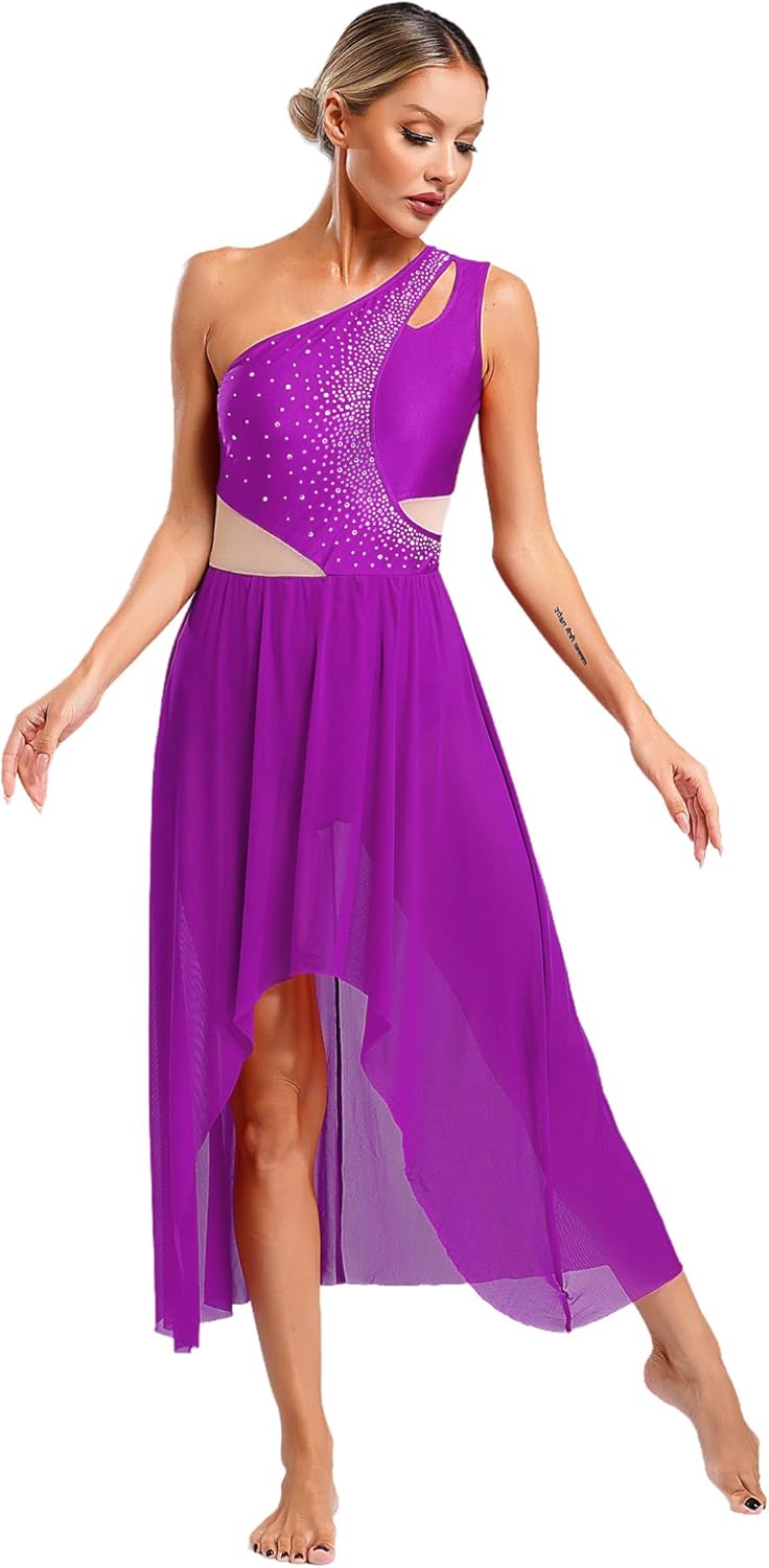 renvena Womens Shiny Lyrical Dance Costume One Shoulder Sleeveless Flowy Skirted Leotard Dancewear