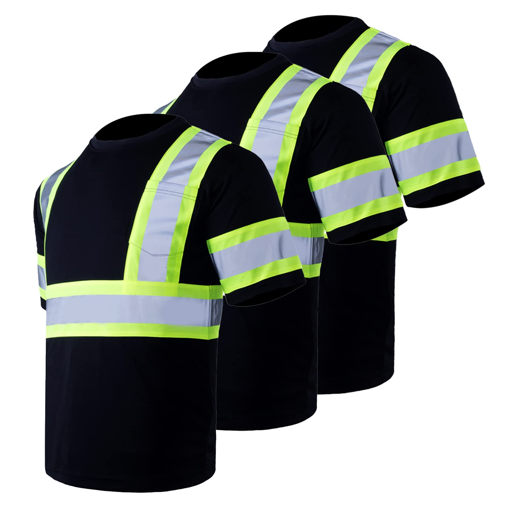 VENDACE Safety Shirts for Men 3 Pack High Visibility Reflective Hi Vis Short Sleeve Construction Work Shirt(Black,L)