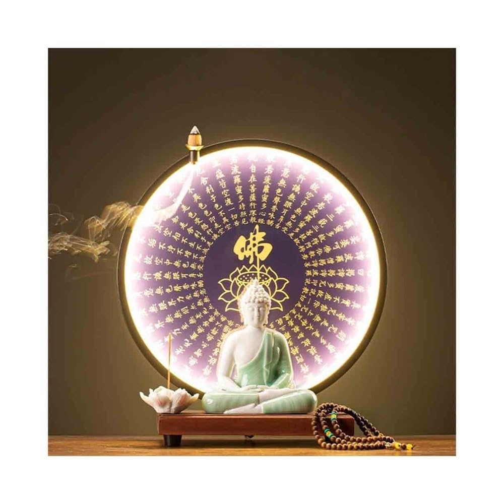 Decorazione della statua del Buddha Statua di Buddha in ceramica verde con anello luminoso viola, decorazione Feng Shui for l'ingresso del soggiorno