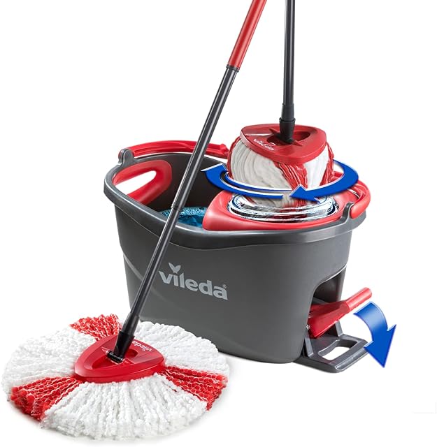 Vileda Turbo Microfibre Mop and Bucket Set, Spin Mop for Cleaning Floors, Set of 1x Mop and 1x Bucket, Eco Packaging