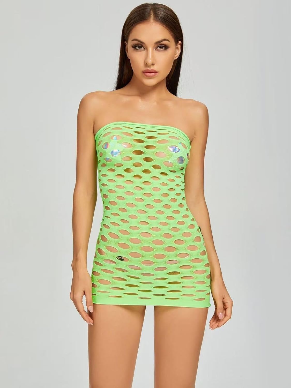 Exotic Strapless Fishnet Bodystocking Sexy Seamless Mesh Mini Dress Hollow Out Lingerie Bodycon Clubwear Teddy