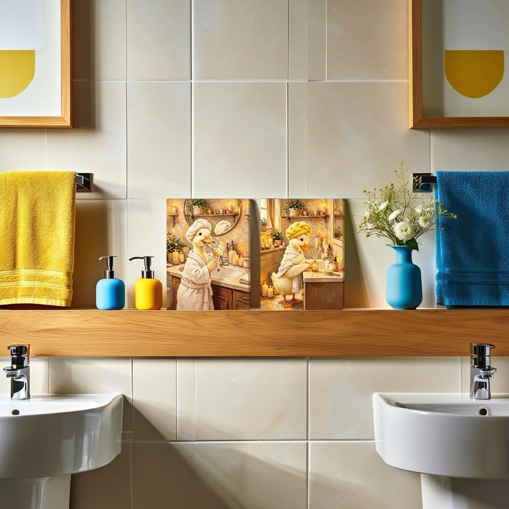 Kids Bathroom Decor Set of 4 Duck Animal Bathroom Wall Decor Pictures,Framed Funny Duck Brushing Teeth Reading Newspaper Spa Canvas Poster for Kids Toddler Boys Girls Toilet Washroom Decor 8X10,
