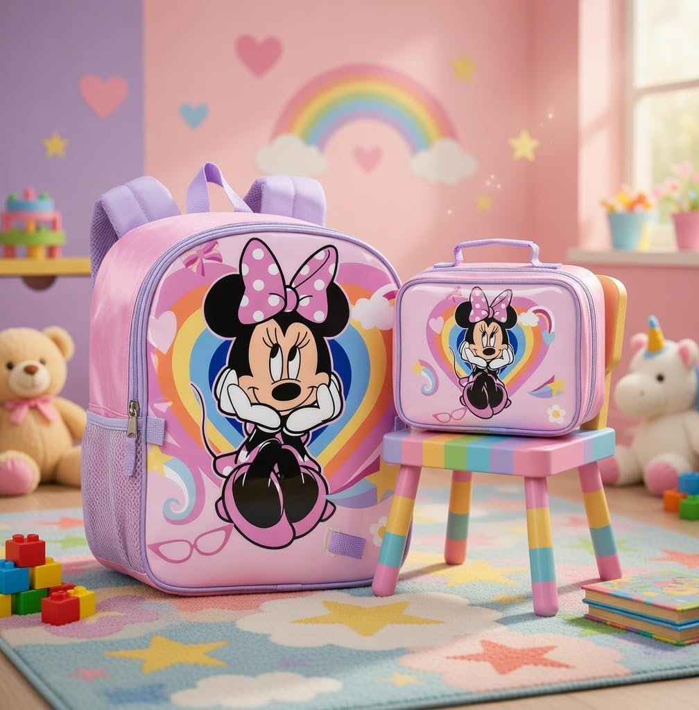 Fast Forward Minnie Mouse 16" Backpacks With Lunch Bag - Licensed Characters Kids Schoolbag
