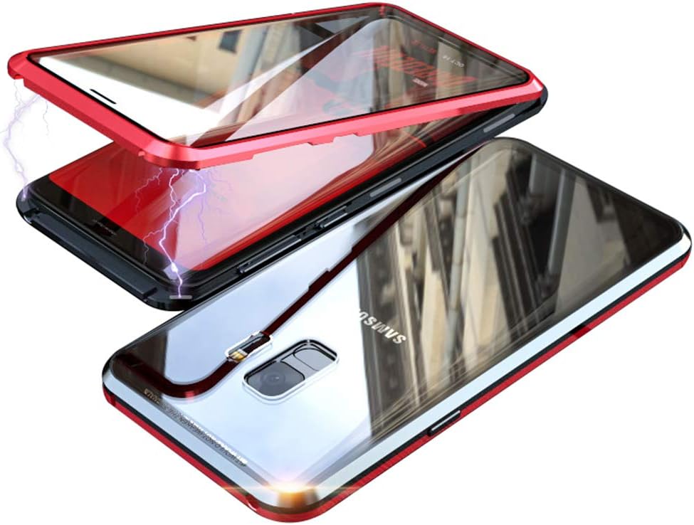 UMTITI Compatible Samsung Galaxy S9 Plus Case, Magnetic Clear Double-Sided Tempered Glass Cover with a Screen Cleaning Paper (Black-red)