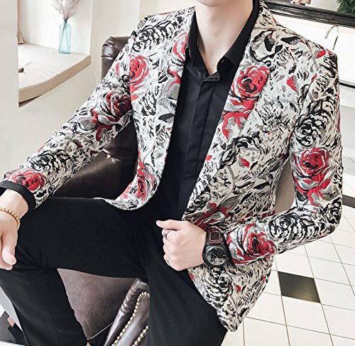 OUYE Men's Red Black Rose Print Casual Blazer3