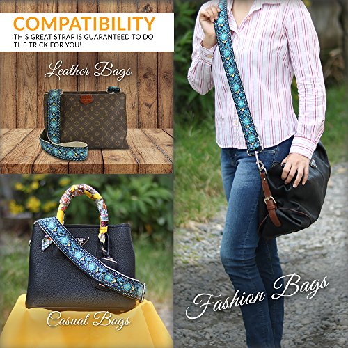 Blue Vintage Handbag Strap & Purse Strap Replacement Jacquard Woven Embroidered Guitar Strap Styled Shoulder & Crossbody Strap - Adjustable Bag Strap For Tote And Messenger Bags #TOP4