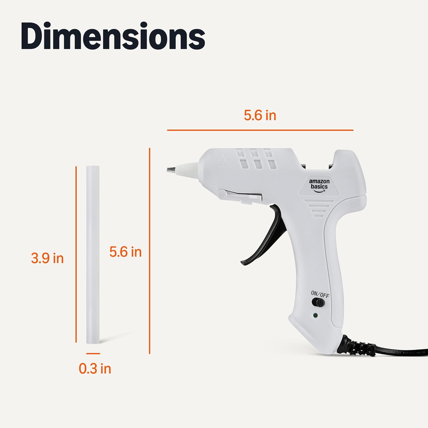 Diagram showing the dimensions of the Amazon Basics Hot Glue Gun and a mini glue stick.