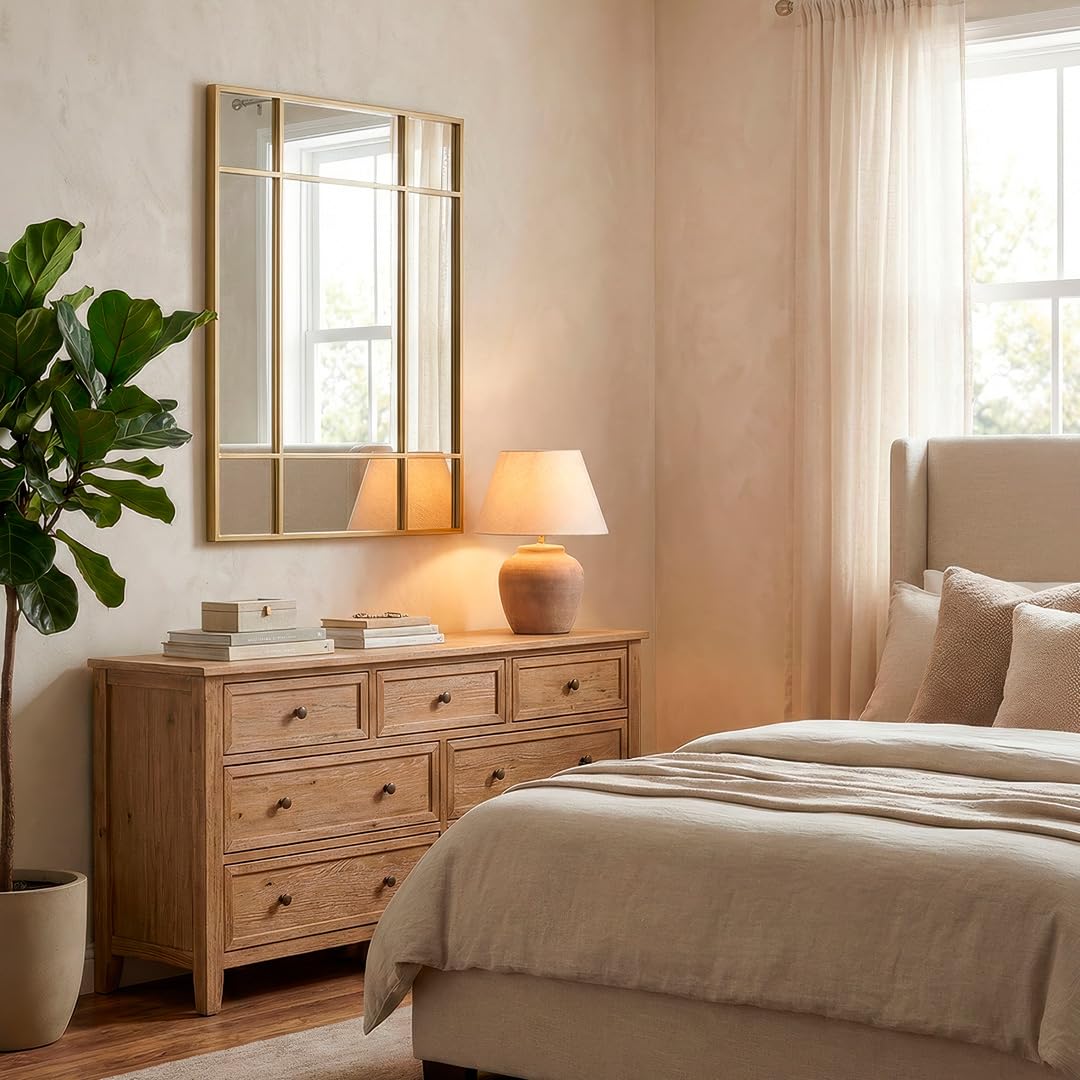 Marctani Specchio da parete per finestra, 90 x 60 cm, specchio industriale decorativo con cornice in metallo, design rettangolare effetto finestra per ingresso, ingresso e soggiorno