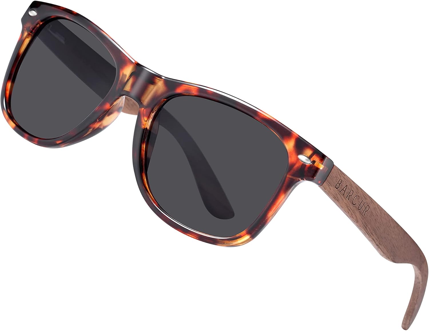 Barcur Wood Sunglasses for Men Women Polarized, uv Protection Black Walnut Wooden Arms Frame Shades with Case(Walnut temple Leopard Gray)