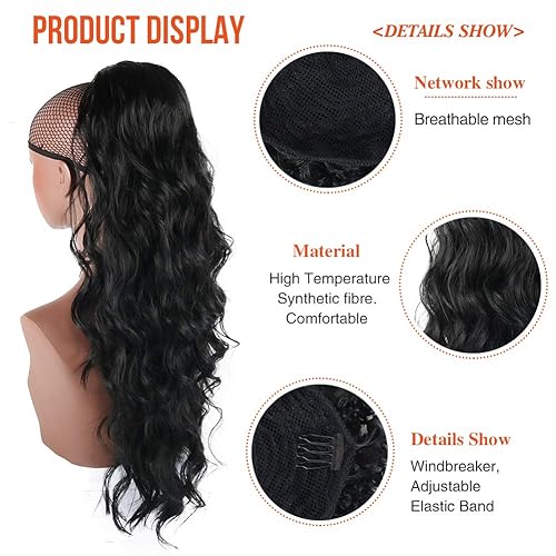 Miniatura 5 de CINHOO Extensión de cola de caballo de cuerpo largo ondulado con cordón y clip, peluca sintética de cola de caballo negra rizada y ondulada para
