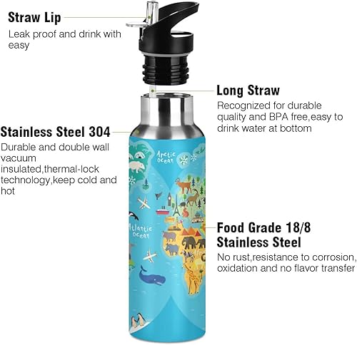 Miniatura 4 de Animal World Map - Botella de agua para niños con tapa con pajilla, bonita botella de agua de acero inoxidable con aislamiento azul, para la