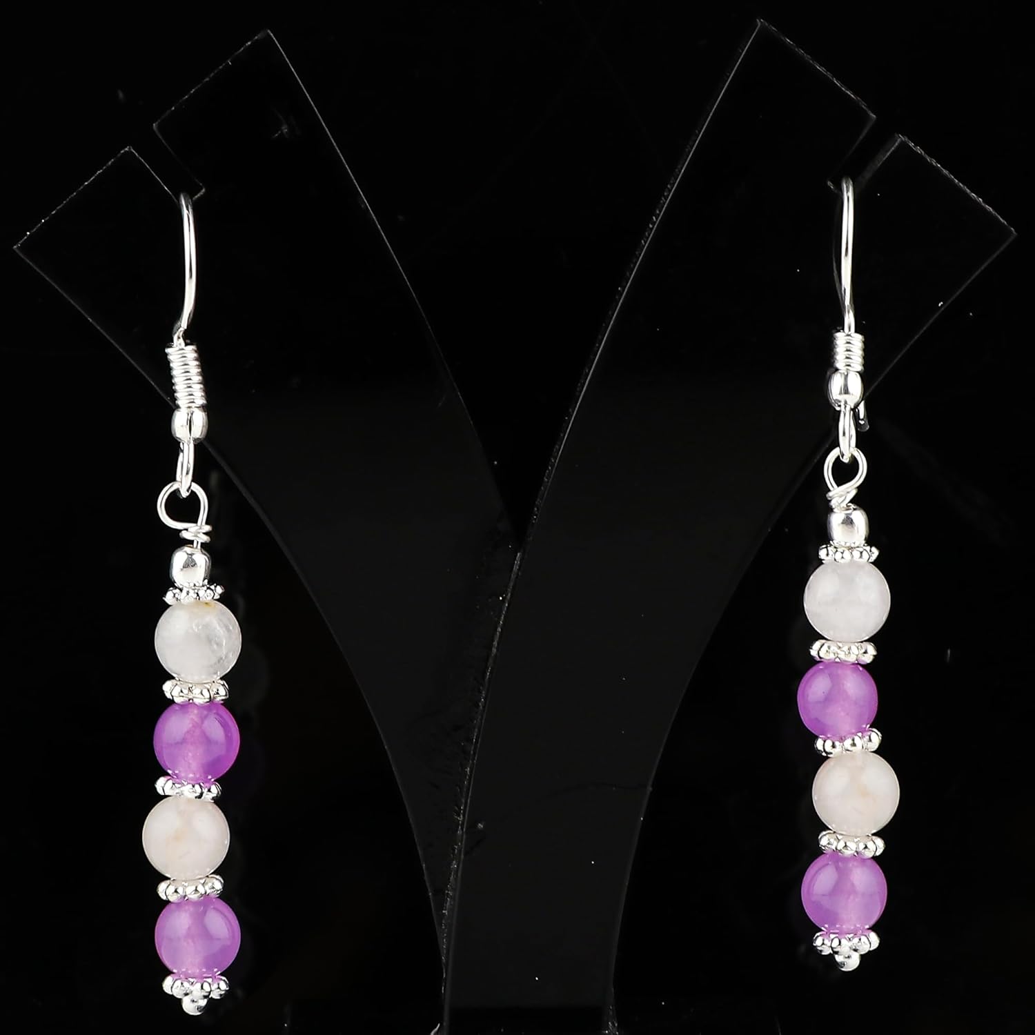 Natural Amethyst & Rose Quartz Gemstone Earrings, Bohemian Silver Jewelry, Handmade Crystals Earring, Healing Stones, Simple Earring Gift for Women (Approx.1.50 inch) - Image 4