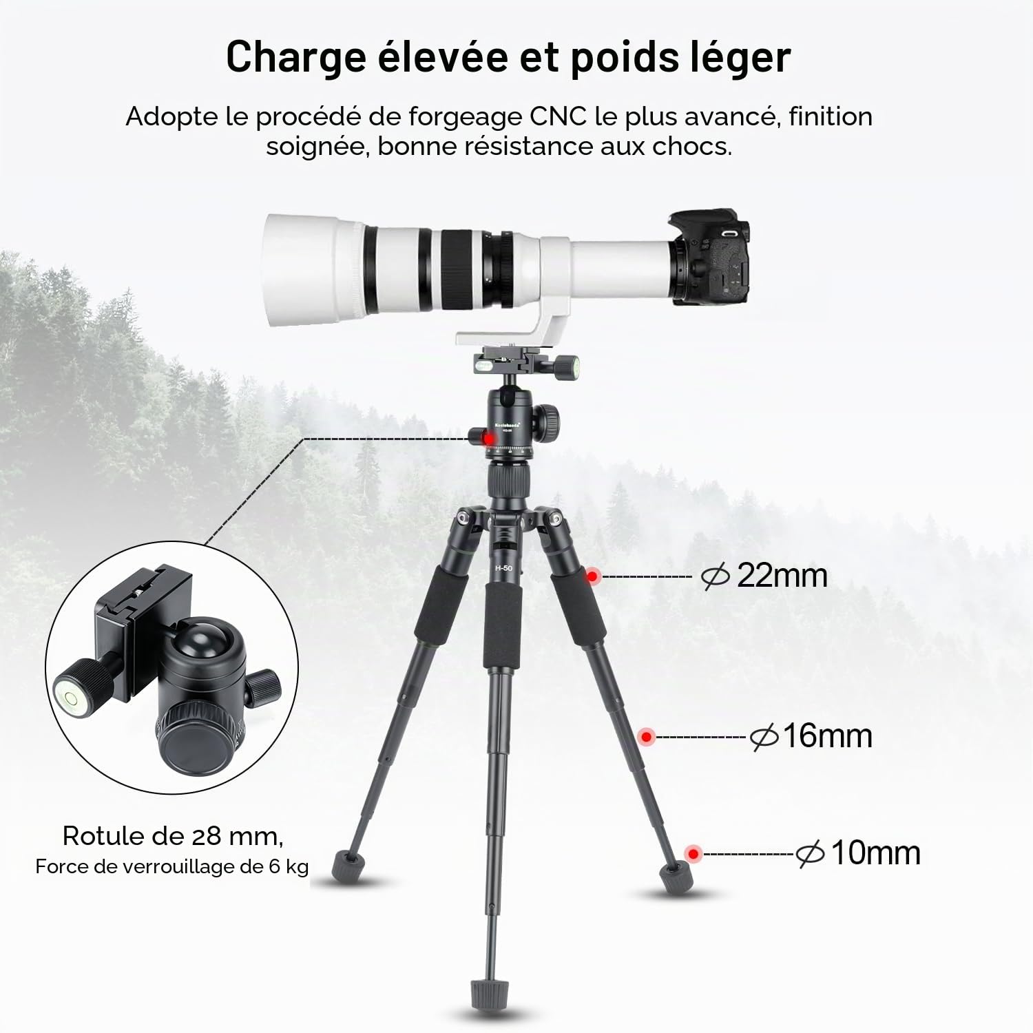 Koolehaoda Mini trépied Portable en Alliage d'aluminium Hauteur 51 cm avec rotule 360 ​​degrés et Sac pour Appareil Photo Reflex numérique, caméscope vidéo. Charge jusqu'à 5 kg - (H-50)