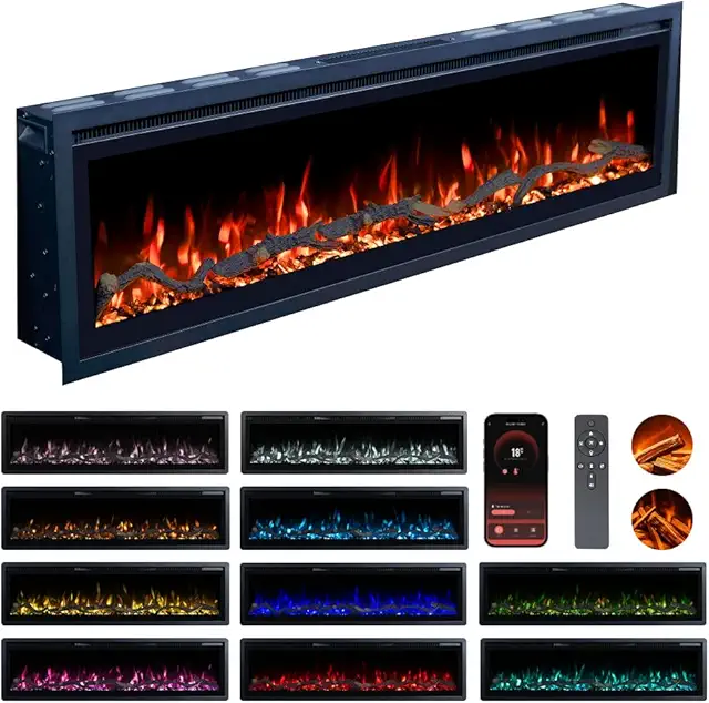 Valine Fires UltraSlim Wall Mounted Electric Fireplace with Real Logs & 15 Flame Colors