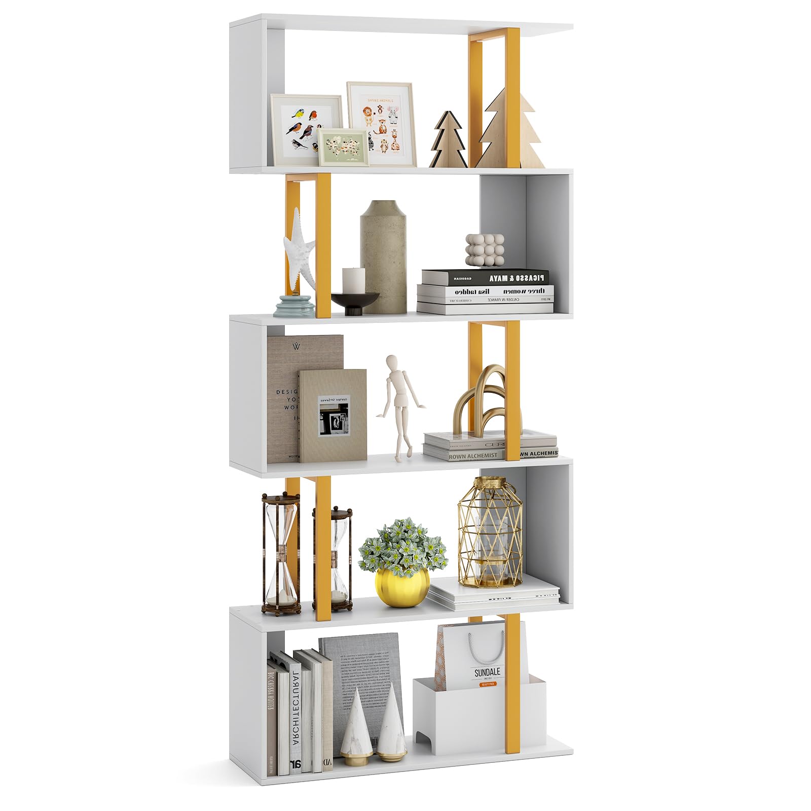 COSTWAY 4/5/6-Tier Bookshelf, S-Shaped Bookcase Ladder Shelving Unit with Anti-tipping Kits, Freestanding Tall Storage Shelf Open Display Rack for Living Room & Office (70 x 24 x 157cm, White+Gold)